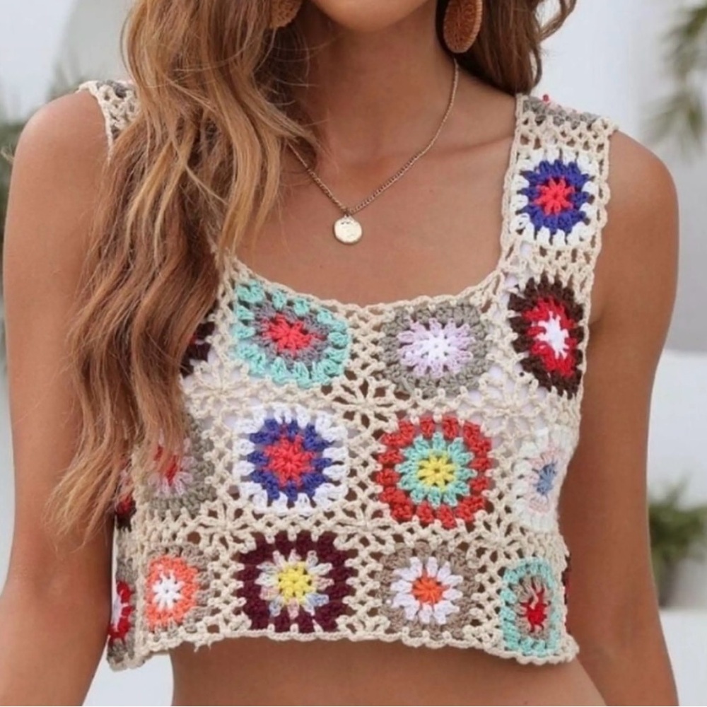 LA Hearts Crochet Patchwork Crop Tank Top
